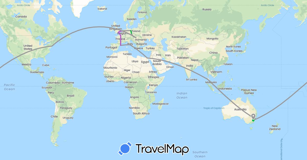 TravelMap itinerary: driving, bus, plane, train in Austria, Australia, Czech Republic, Germany, Egypt, Spain, France, United Kingdom, Hungary, Italy, Netherlands, Thailand, United States (Africa, Asia, Europe, North America, Oceania)